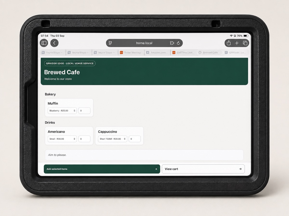 QRKiosk Edge customer ordering screen showing a cafe menu on the kiosk device