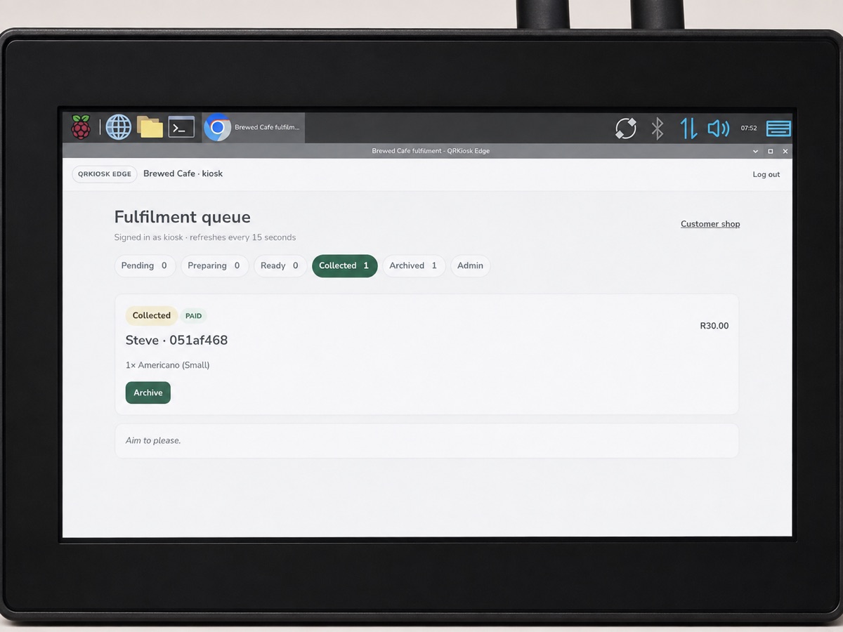 Close view of the QRKiosk Edge fulfilment queue running on the kiosk device
